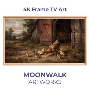 Puede incluir: Una obra de arte enmarcada que representa una gallina y sus polluelos en una escena de granja. La gallina es marrón y blanca, rodeada de varios polluelos amarillos. El granero tiene una puerta roja. El texto "4K Frame TV Art" y "MOONWALK ARTWORKS" son visibles.