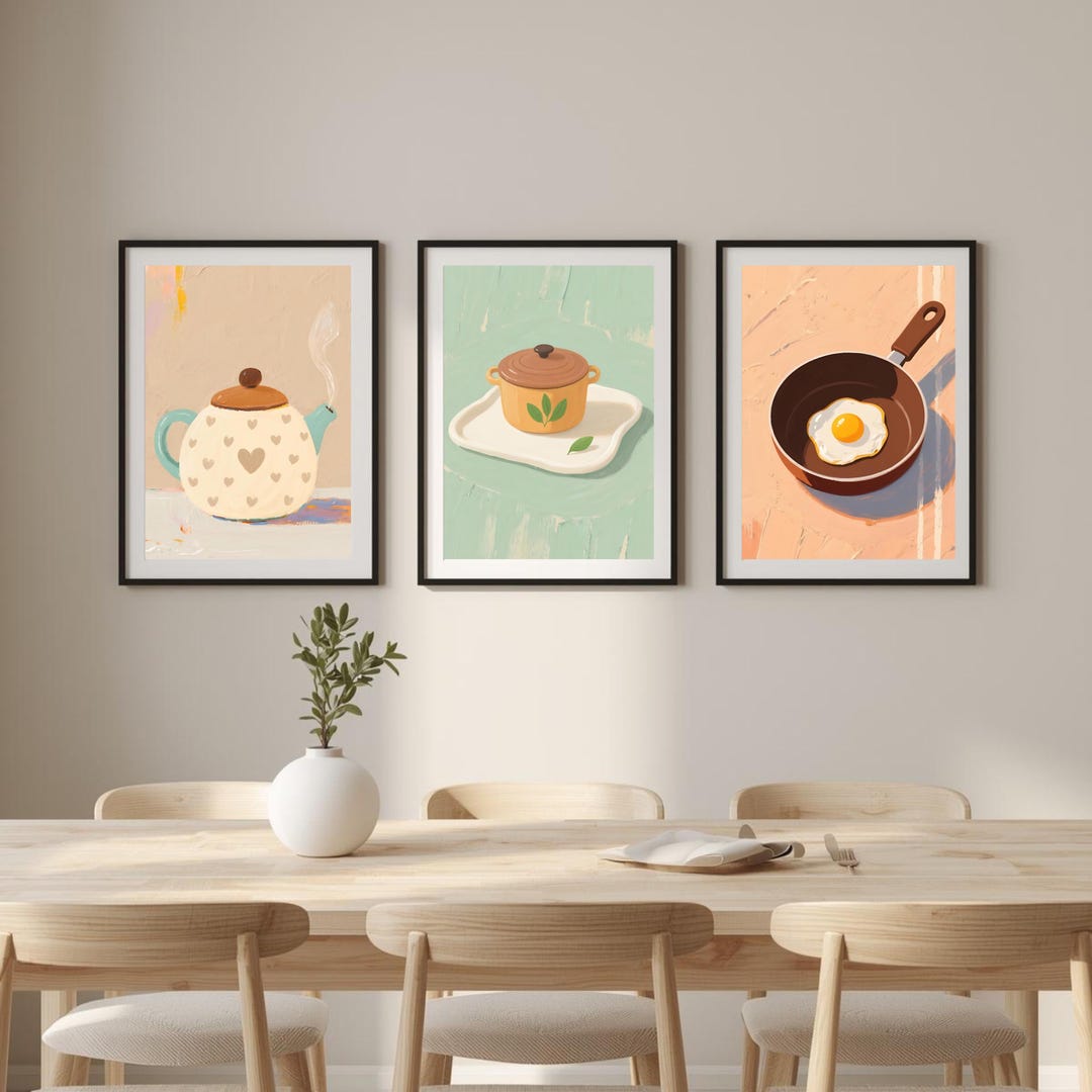 Vintage Kitchen Art Prints Set | Teapot, Pan, Cooking Pot (printable ...