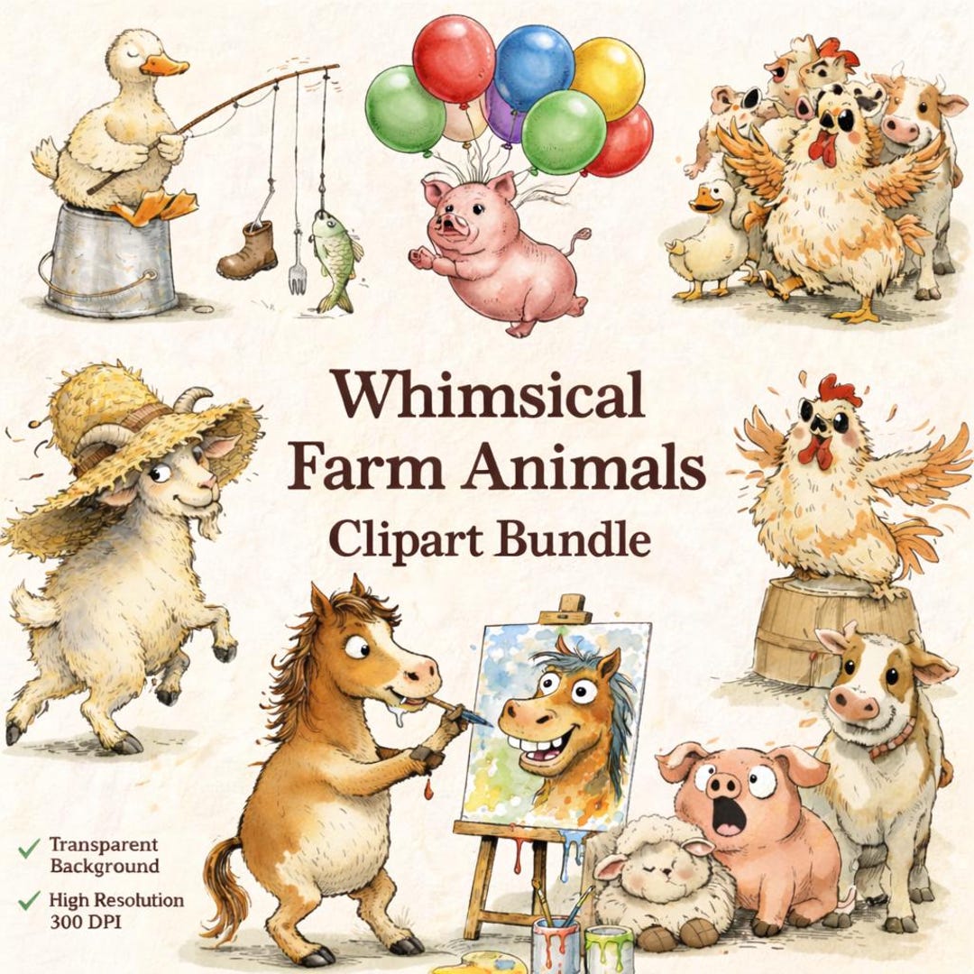 Whimsical Farm Animals Clipart : Funny Watercolor Illustration ...