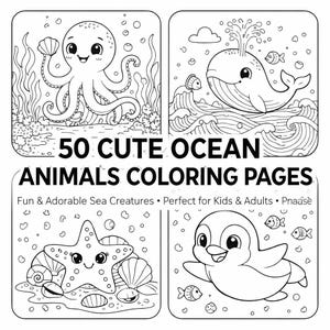 Könnte beinhalten: Ein schwarz-weißes Malbuchcover mit vier Panels mit niedlichen Meerestieren. Der Text lautet "50 Cute Ocean Animals Coloring Pages". Die Panels zeigen einen Oktopus, einen Wal, einen Seestern und einen Pinguin. Blasen und Fische sind ebenfalls enthalten.