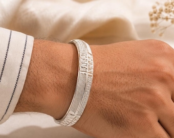 Diamantgeslepen sterlingzilveren Kada-armband heren | Geometrische armband, moderne luxe