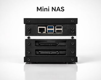 May include: A black and silver Mini NAS device with the text "Mini NAS" at the top. The device has multiple ports and slots, including Ethernet, USB, and storage drive bays. The device is designed to store and share data.