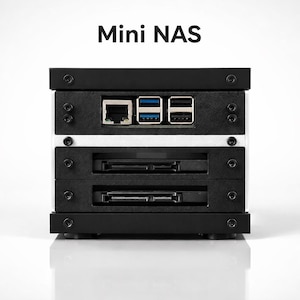 May include: A black and silver Mini NAS server with the text "Mini NAS" above it. The server has multiple ports, including Ethernet and USB, and slots for storage drives. The design is modern and compact.