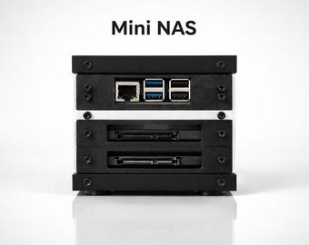 May include: A black and silver Mini NAS server with the text "Mini NAS" above it. The server has multiple ports, including Ethernet and USB, and slots for storage drives. The design is modern and compact.