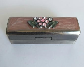 Vintage silver lipstick case with pink rhinestone flower