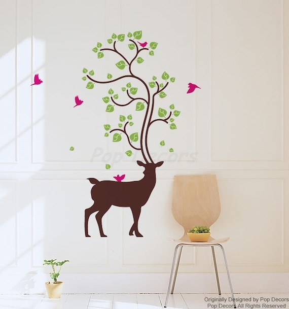 deer animal removable wall stickers plants on deer vinyl wall | etsy