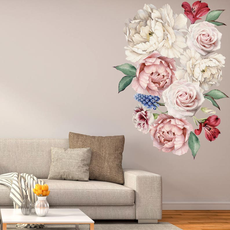 peony flowers vinyl wall sticker peel and stick wall art | etsy