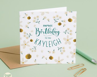 パーソナライズされたハチの誕生日カード - Hapbee Birthday、バンブルビー、花