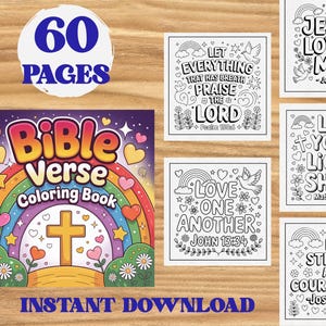May include: A Bible Verse Coloring Book with a rainbow design, a cross, and the text "Bible Verse Coloring Book". The image also includes six coloring pages with Bible verses such as "Jesus Loves Me" and "Let Your Light Shine". The book has 60 pages.