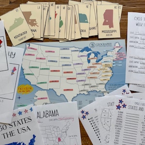 May include: A collection of educational geography materials, including a map of the United States, flashcards, and worksheets. The map displays state names and capitals. The flashcards feature state outlines and names. The worksheets include state information.