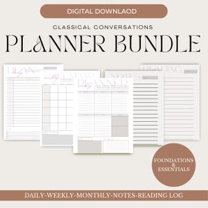 May include: A digital download planner bundle with the text "PLANNER BUNDLE". The bundle includes daily, weekly, monthly, notes, and reading log pages. The design is in neutral tones with the text "DIGITAL DOWNLOAD" at the top.