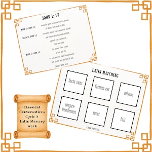 Op de afbeelding: Educatieve printables met Latijnse en Engelse tekst uit Johannes 1:1-7 en een Latijns koppelingsraster. De pagina's bevatten de tekst Classical Conversations Cycle 3 Latin Memory Work op een perkamentafbeelding en oranje geometrische randen.