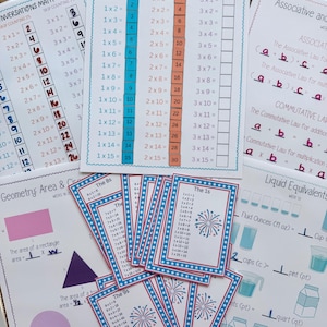 Puede incluir: Material educativo de matemáticas, que incluye tarjetas didácticas y hojas de trabajo. La imagen muestra tablas de multiplicar, fórmulas de geometría y equivalencias de líquidos. Las tarjetas didácticas tienen bordes rojos, blancos y azules con un diseño de fuegos artificiales.