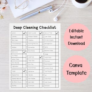 May include: A deep cleaning checklist, printable and editable, with sections for washing, deep cleaning, and decluttering. The image includes text that says "Editable Instant Download" and "Canva Template". A pen, glasses, and headphones are also visible.