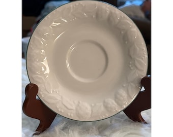 GTI White Ceramic Saucer Embossed Floral Berry Rim Green Trim 6 Inch Tea Plate