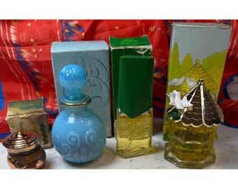 Vintage Avon Perfume Bottle Lot Sportif Dovecote Blue Milk Glass Copper Pot 4pc
