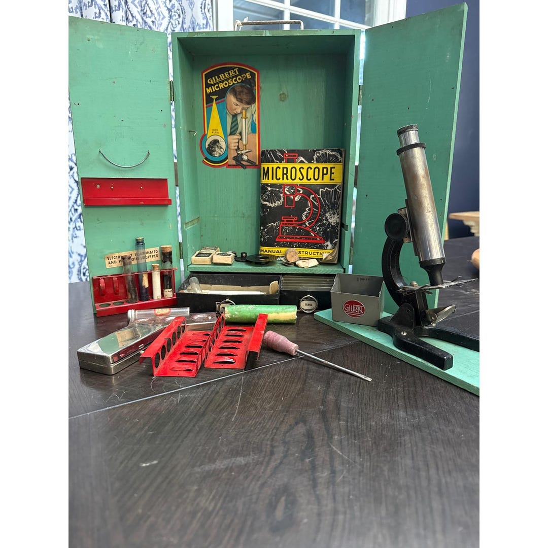 Vintage 1938 AC Gilbert Microscope Set No 1799 Original Wood Case and ...