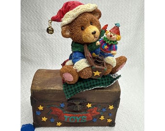 Vintage Teddy Bear Musical Toy Box Christmas Santa Claus Figurine