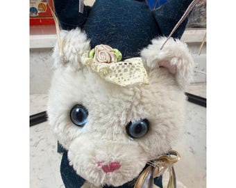White Plush Jester Cat Blue Eyes Kitten Dark Blue Hat Collar Ribbon Accents