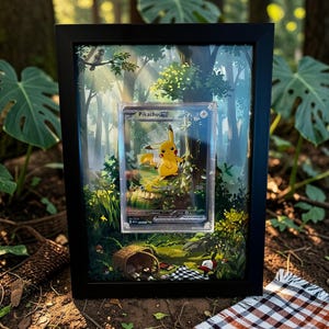 Puede incluir: Una tarjeta coleccionable de Pikachu enmarcada, con un personaje de dibujos animados amarillo, sobre un fondo de bosque. El marco negro se encuentra sobre un suelo forestal con una manta de picnic y una cesta.