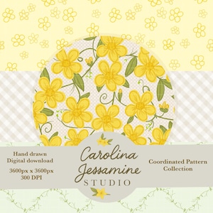 Könnte beinhalten: Digitaler Download mit einer koordinierten Mustersammlung. Das Design zeigt gelbe Blumen und grüne Blätter auf hellem Hintergrund. Das Logo von Carolina Jessamine Studio ist ebenfalls sichtbar.