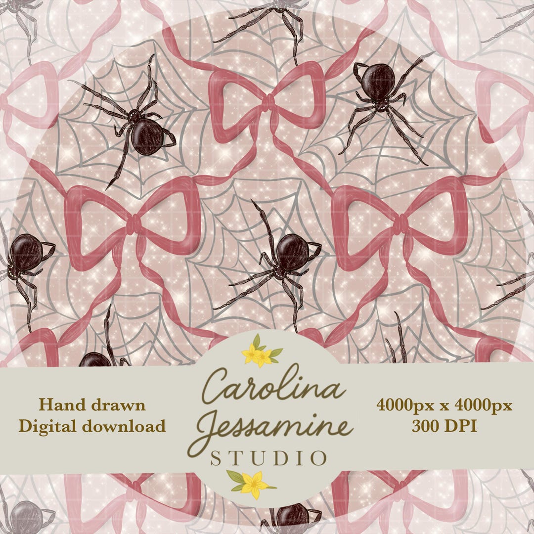 Hand Drawn Gothic Halloween Spider Webs & Bows Seamless Digital Pattern ...