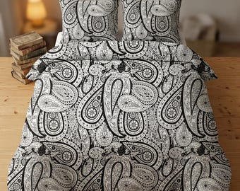 Schwarz Weiß Paisley Muster Baumwolle Bettwäsche Set | Bettbezug Kissenbezüge
