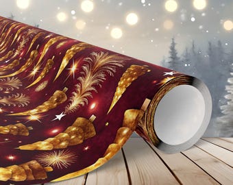 Papel de regalo navideño elegante en burdeos y dorado con diseño de árbol de Navidad / Papel de regalo navideño