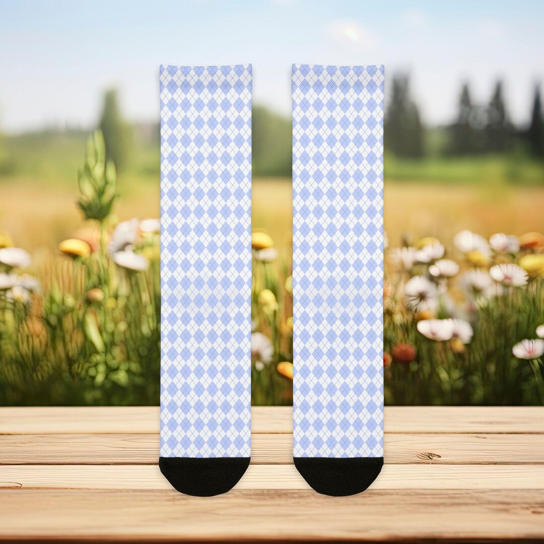 Blue Argyle Pattern Crew Socks Etsy