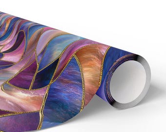 May include: A roll of decorative paper with a stained glass design. The pattern features flowing, abstract shapes in shades of purple, blue, and orange, outlined with gold. The paper is partially unrolled, revealing the design.