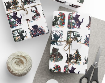May include: White wrapping paper with a repeating pattern of black cats interacting with Christmas lights and trees. The wrapped gifts are tied with twine and a heart-shaped tag. A ball of twine, scissors, and tags are also present.