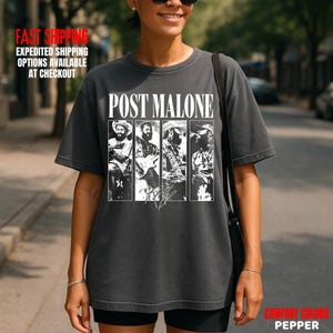 May include: A charcoal gray short-sleeve t-shirt featuring the text POST MALONE at the top and four vertical black and white photographic panels depicting the artist in various poses, including playing a guitar and singing into a microphone.