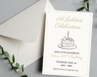 Golden Birthday Invitation: Minimalist Canva Template (Digital Download 5x7" PDF File)