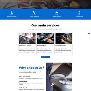 Peut inclure: Site web de services automobiles, avec un design bleu et blanc. La page présente des services tels que l'entretien et la réparation. Elle comprend également des informations sur les raisons de choisir le service et un devis gratuit.