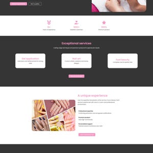 Peut inclure: Site web de services de manucure avec le texte « Améliorez vos ongles avec élégance ». Le site met en avant l'application de gel, l'art des ongles et la beauté des pieds. Comprend des images d'ongles manucurés et d'une technicienne.
