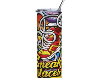 May include: A tall, insulated tumbler with a colorful graphic design featuring a red and yellow sneaker, white laces, and the words "Sneak Laces." The tumbler includes a silver straw and a black lid.