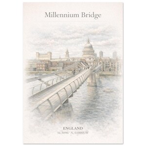 Puede incluir: Ilustración en acuarela del Puente del Milenio en Londres, Inglaterra. La imagen muestra el puente con gente caminando sobre él, la Catedral de San Pablo al fondo y el texto "Millennium Bridge" en la parte superior. También se incluyen las coordenadas.
