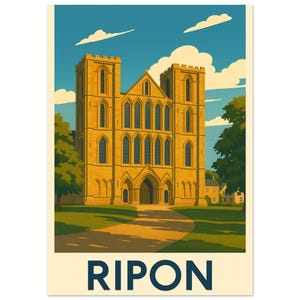 Pode incluir: Um cartaz de viagem em estilo vintage com a Catedral de Ripon. A ilustração mostra a catedral em um tom amarelo quente, contra um céu azul com nuvens. A palavra "RIPON" é impressa em azul marinho na parte inferior.