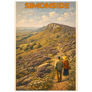 Op de afbeelding: Vintage reisposter met een schilderachtig uitzicht op Simonside. De afbeelding toont een stel dat over een stenen pad een heuvel oploopt, met een berg op de achtergrond. De lucht is blauw met wolken en de tekst "SIMONSIDE" staat bovenaan.