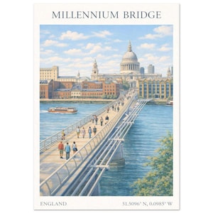 Può includere: Una cartolina raffigurante il Millennium Bridge a Londra. L'immagine mostra il ponte sul Tamigi, con la Cattedrale di St Paul sullo sfondo. Le persone camminano sul ponte. Il testo "MILLENNIUM BRIDGE" è in alto.