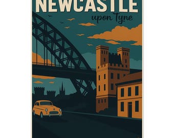 Newcastle Tyne Bridge Vintage Travel Poster: Retro Home Decor Art