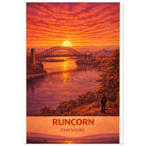 Può includere: Un poster di viaggio in stile vintage con un tramonto su un ponte e un fiume. Il cielo è pieno di tonalità arancioni e rosse, con il sole che tramonta sul ponte. Il testo "Runcorn Cheshire" è in basso.