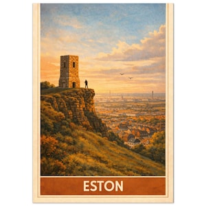 May include: A vintage-style travel poster featuring a stone tower on a cliff overlooking a town. The sky is a mix of blue, orange, and yellow. The word "ESTON" is printed in a brown banner at the bottom of the poster.