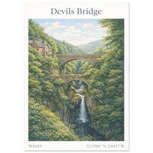 May include: A vertical art print titled Devils Bridge featuring a landscape painting of stone bridges stacked over a waterfall in Wales. A stone house sits near the top bridge, surrounded by lush green trees and foliage under a blue sky.