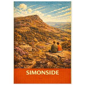 Op de afbeelding: Een vintage reisposter met een schilderachtig uitzicht op Simonside. Het kunstwerk toont een stel dat op een rots zit en uitkijkt over een vallei met een berg op de achtergrond. De poster heeft een warm kleurenpalet met het woord "SIMONSIDE" onderaan.