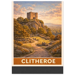 May include: A vintage-style print featuring a stone castle atop a hill, with a winding path leading through a park. The artwork has a warm color palette, with the word "CLITHEROE" at the bottom.