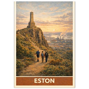 May include: A scenic print featuring a monument atop a rocky hill overlooking a city at sunset. Three figures walk along a path towards the monument. The word "ESTON" is printed at the bottom in a brown banner.