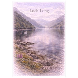 May include: A scenic landscape print of Loch Long, Scotland, featuring a calm lake surrounded by mountains and lush green trees. A sailboat floats on the water. The text "Loch Long" is printed at the top of the image. Rocks and wildflowers are in the foreground.