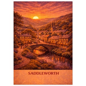 Puede incluir: Una impresión escénica de Saddleworth al atardecer. La imagen presenta un puente de piedra sobre un río, edificios con ventanas iluminadas y un campanario de iglesia. El cielo es un degradado de naranja y amarillo, con el sol poniéndose sobre las colinas.