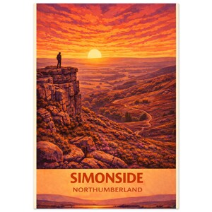 Op de afbeelding: Een poster van Simonside, Northumberland, bij zonsondergang. Een silhouet staat op een klif met uitzicht op een vallei en een kronkelende weg. De lucht is oranje en rood, in de stijl van een vintage reisaffiche.